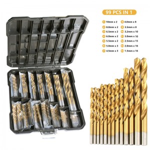 គុណភាពខ្ពស់ 99 PCS Straight Shank HSS Titanium Coating Twist Drills Bits Set